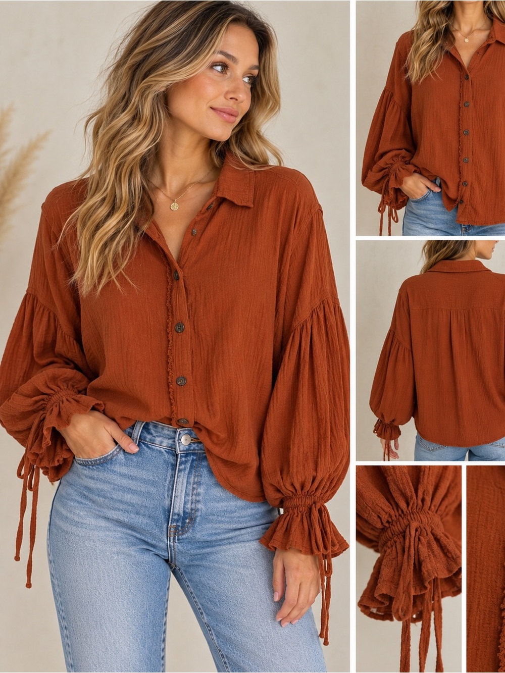 We The Free Free People Rust Balloon Sleeve Blouse Size S Boho Western